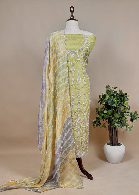 Green Embroidered Crush Tissue Silk Suit