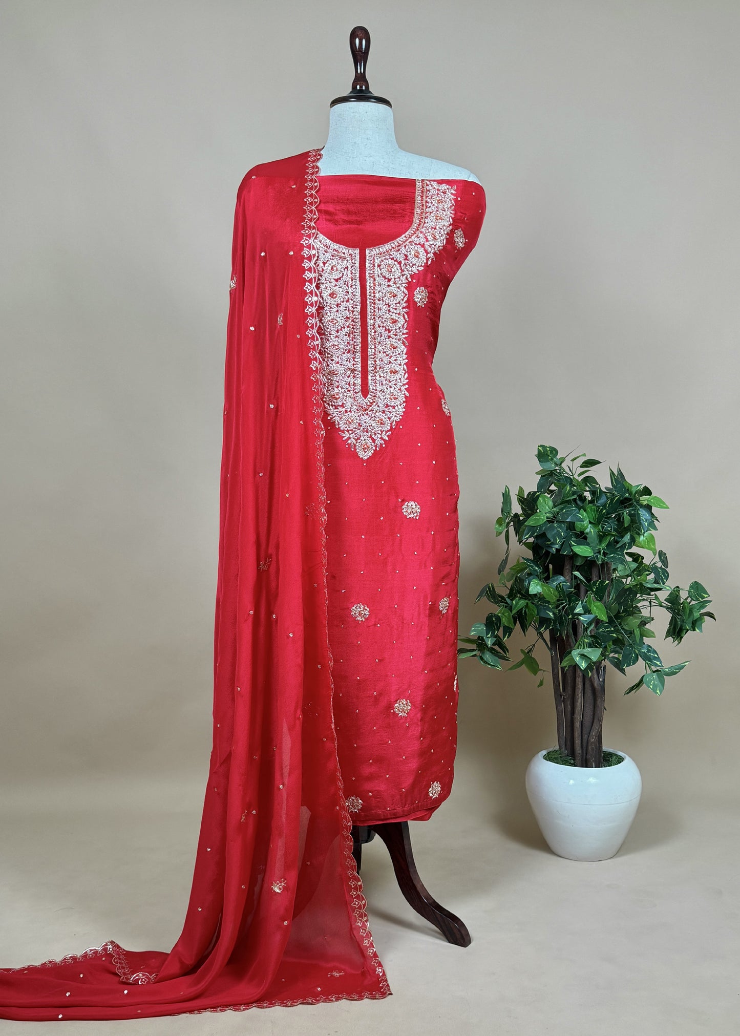 Red Pure Upada silk suit with chinon dupatta