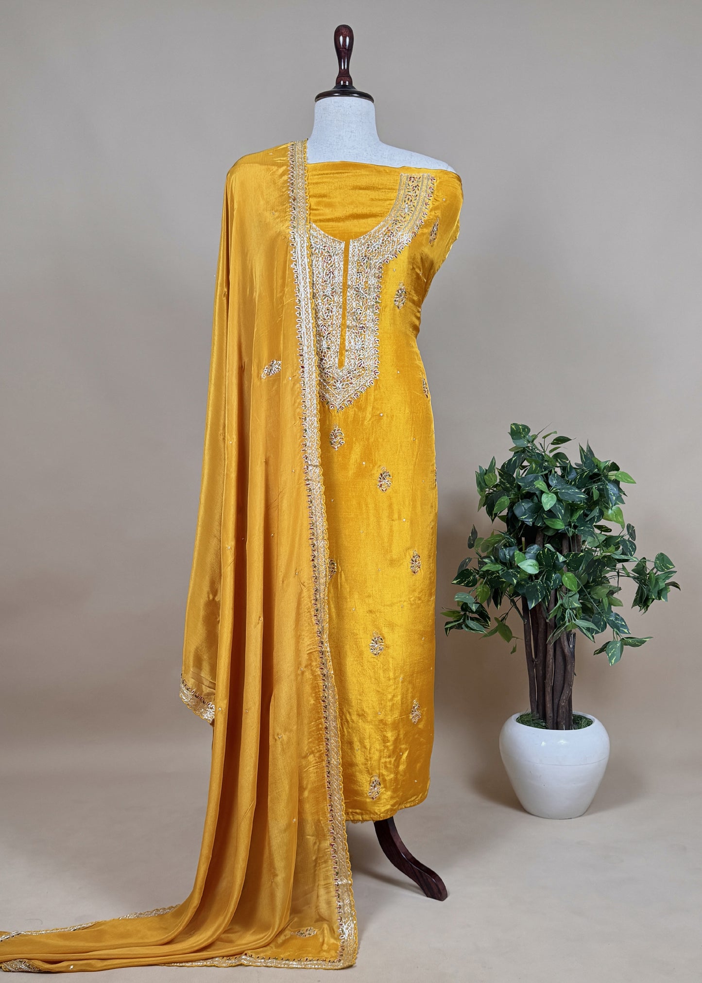 Yellow Pure Upada silk suit with chinon dupatta