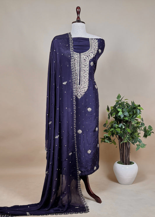 Blue Pure Upada silk suit with chinon dupatta