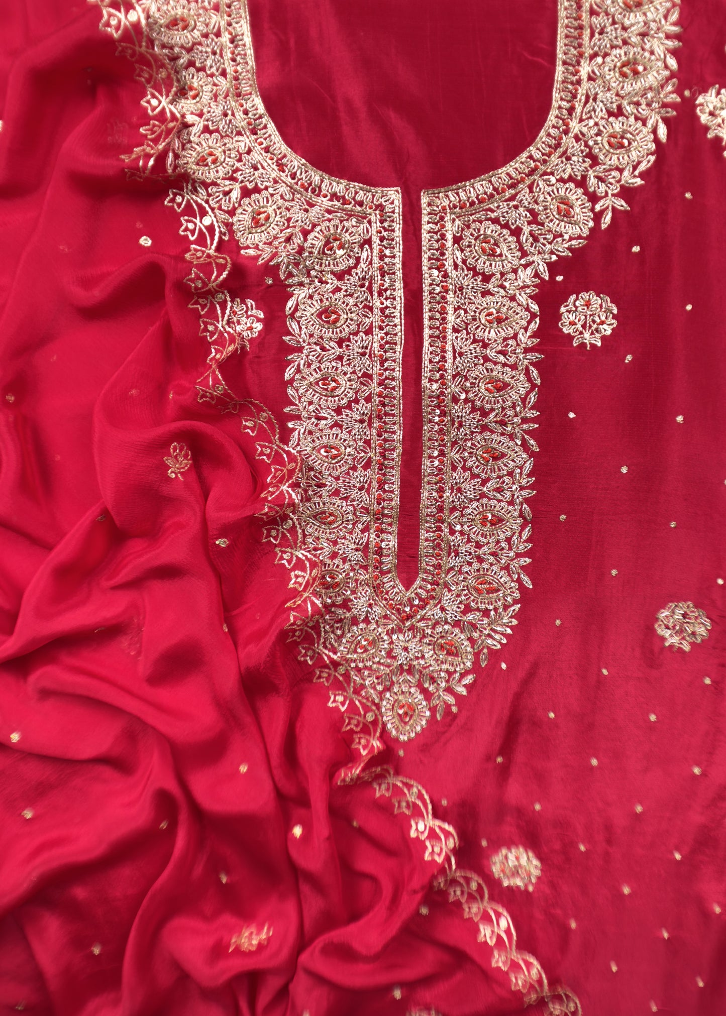 Red Pure Upada silk suit with chinon dupatta