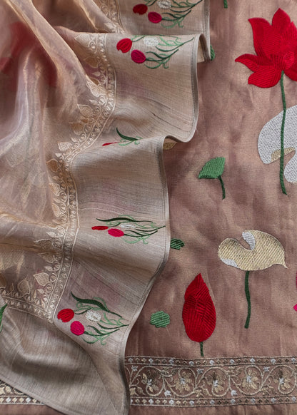 Coffee Brown Embroidery Tissue Silk Suit With Dupatta