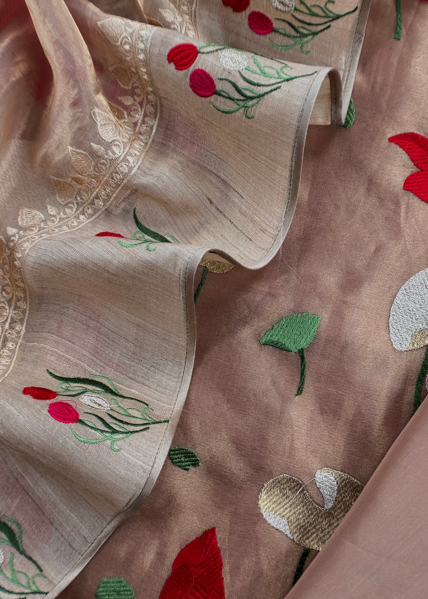 Coffee Brown Embroidery Tissue Silk Suit With Dupatta