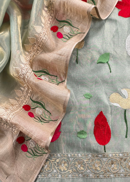 Sea Green Embroidery Tissue Silk Suit With Dupatta
