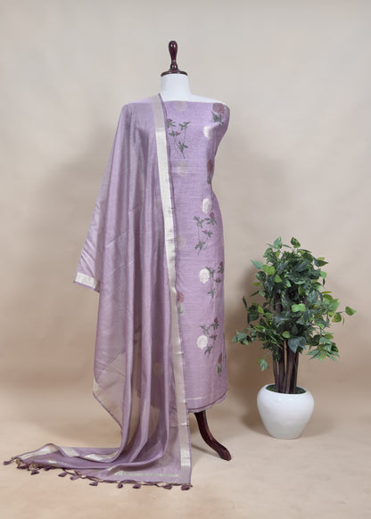 Green Summer floral Unstitched Suit in Chanderi Blend fabric
