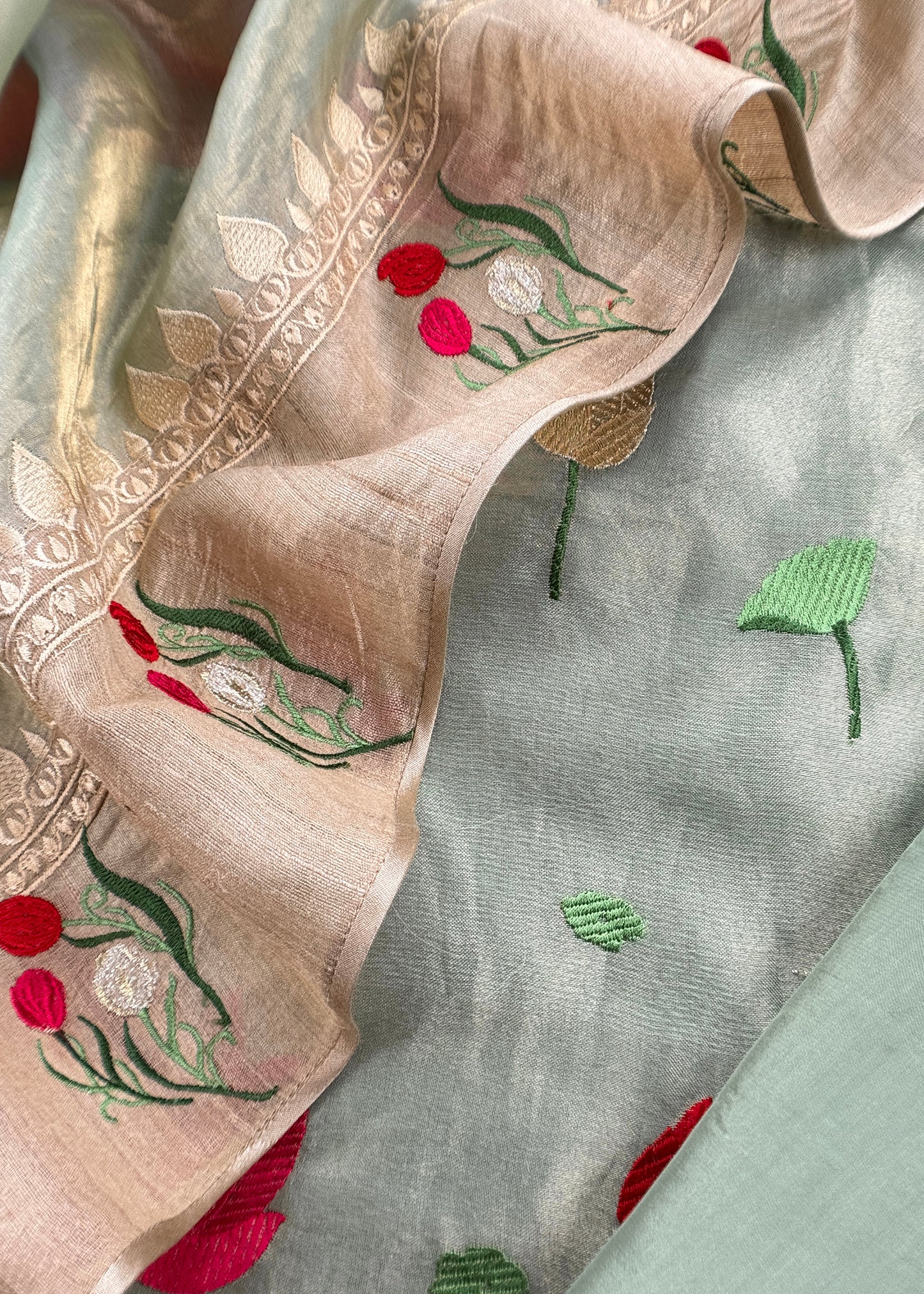 Sea Green Embroidery Tissue Silk Suit With Dupatta