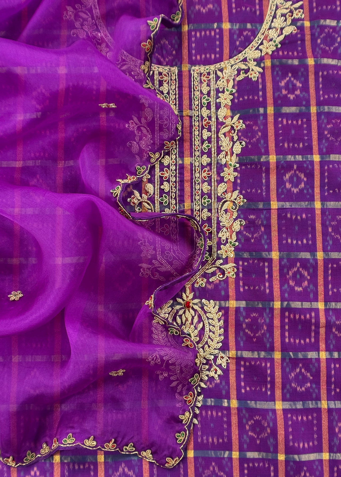 Mahalakshmi Violet Handloom Ikkat gold checks kurta and Organza dupatta with Jadau zardosi zari Handwork