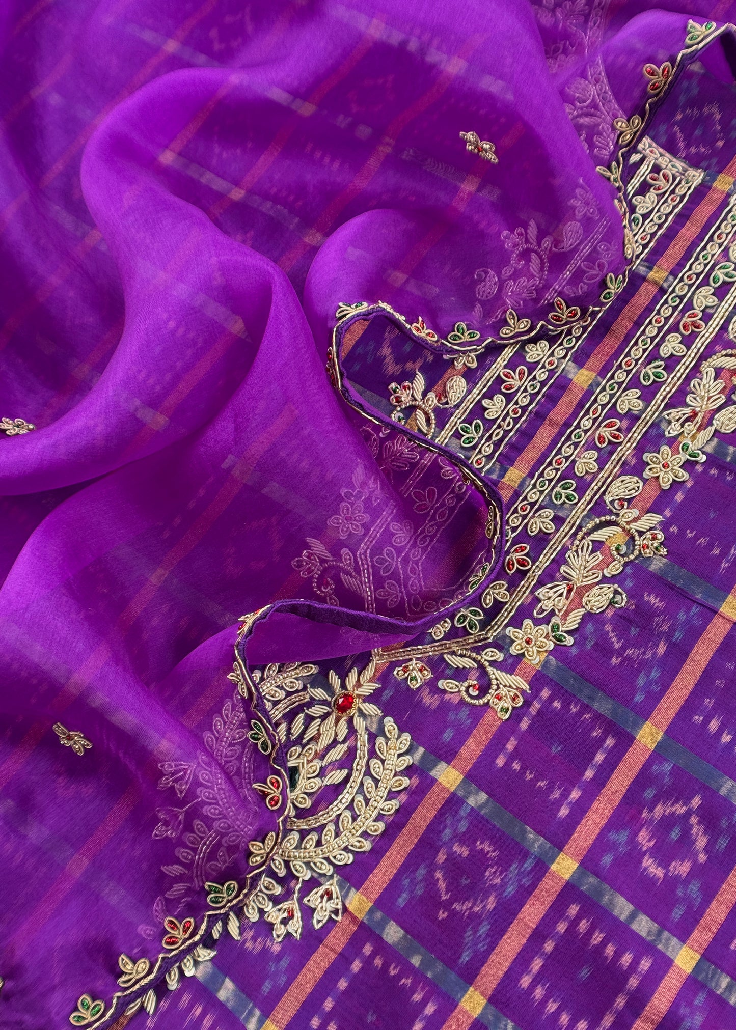 Mahalakshmi Violet Handloom Ikkat gold checks kurta and Organza dupatta with Jadau zardosi zari Handwork