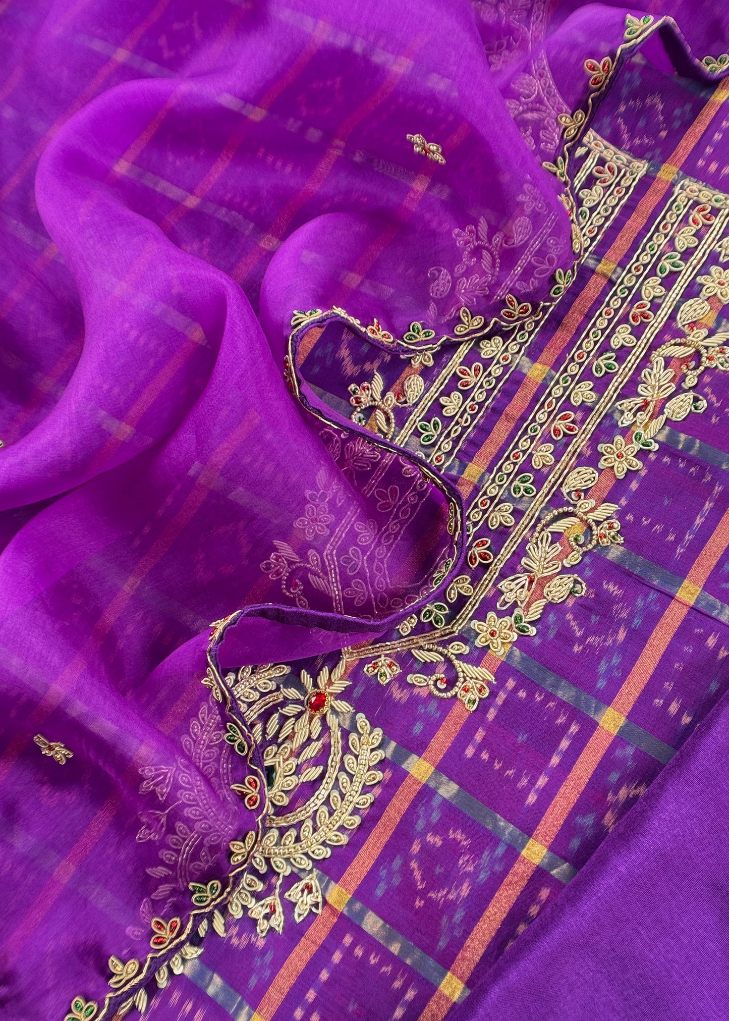 Mahalakshmi Violet Handloom Ikkat gold checks kurta and Organza dupatta with Jadau zardosi zari Handwork