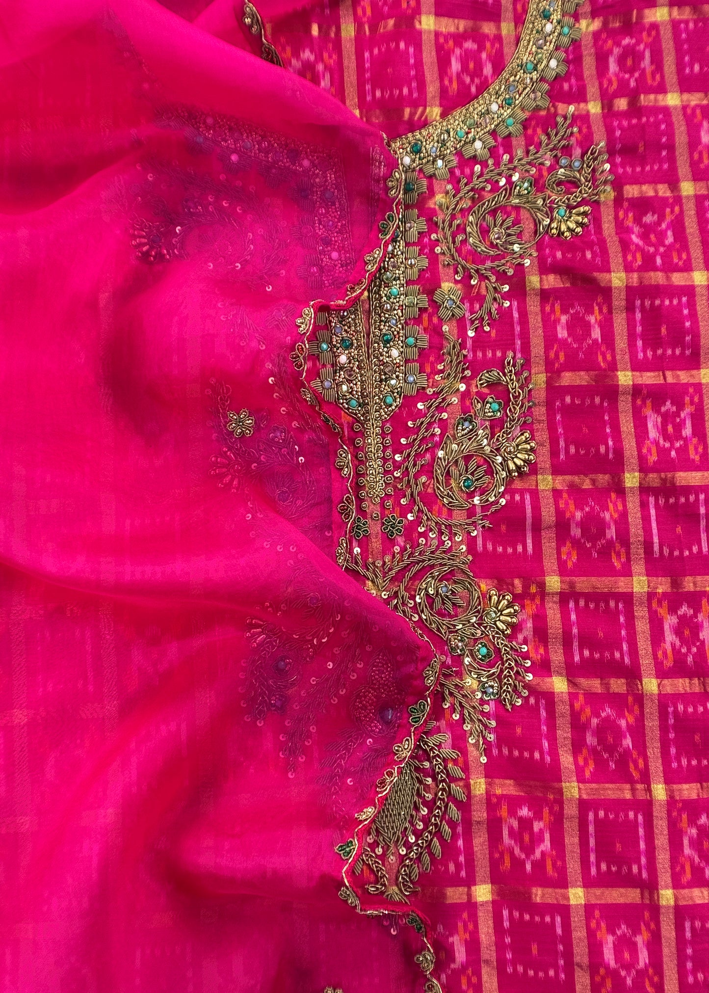 Mahalakshmi Pink Handloom Ikkat gold checks kurta and Organza dupatta with Jadau zardosi Antique zari Handwork