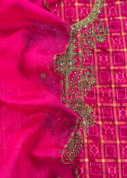 Mahalakshmi Pink Handloom Ikkat gold checks kurta and Organza dupatta with Jadau zardosi Antique zari Handwork