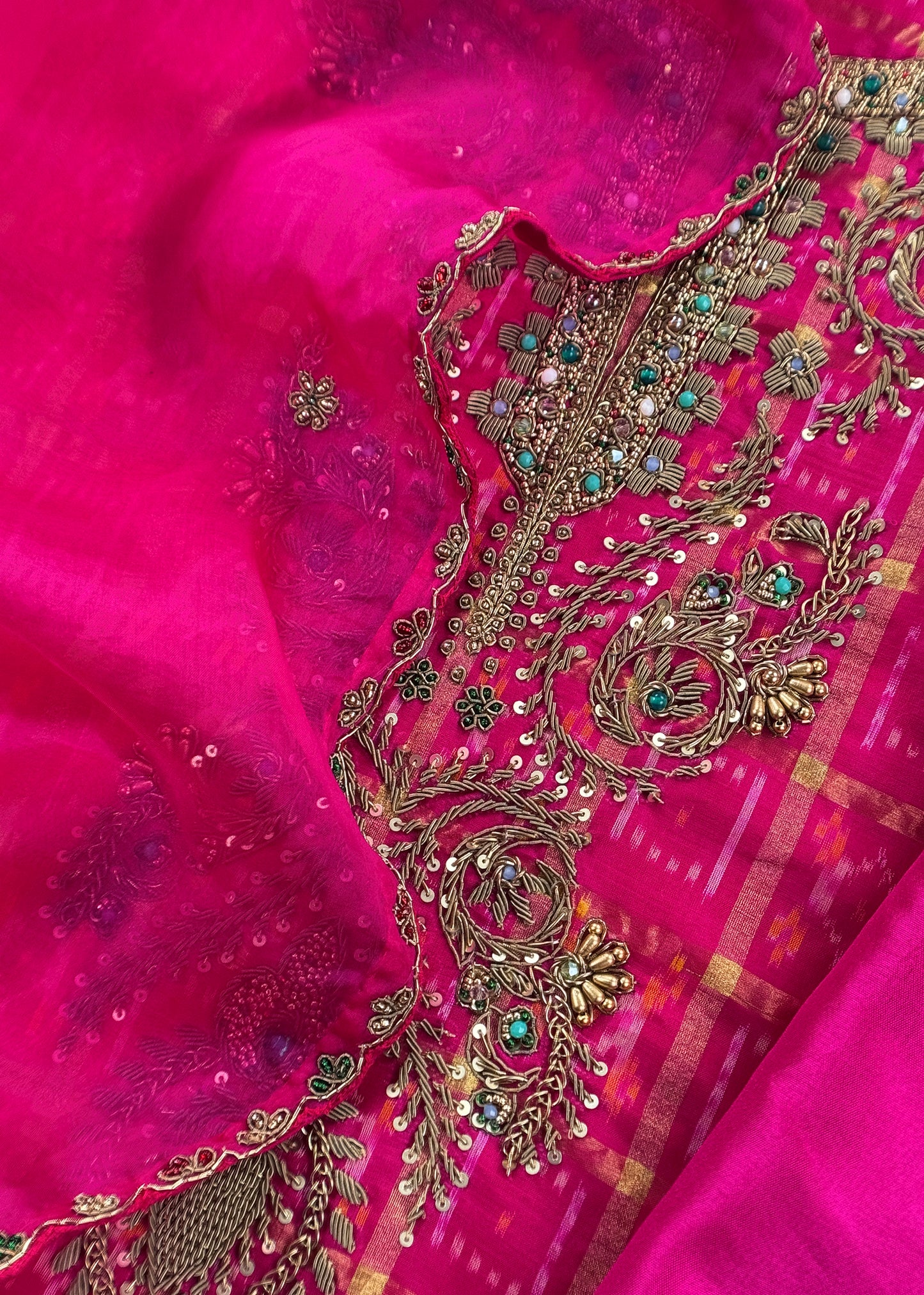 Mahalakshmi Pink Handloom Ikkat gold checks kurta and Organza dupatta with Jadau zardosi Antique zari Handwork