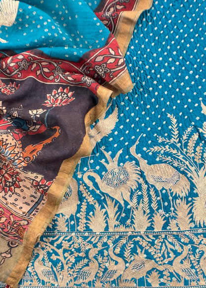 Azure Blue Flamingo Handloom Desi Tussar Bandhani Kurta And Authentic Hand-Painted Kalamkari Dupatta
