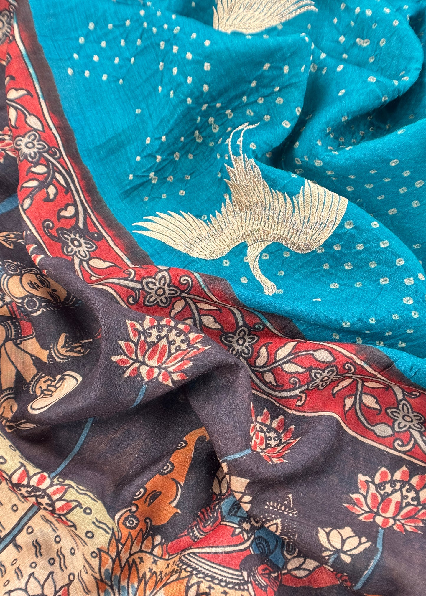 Azure Blue Flamingo Handloom Desi Tussar Bandhani Kurta And Authentic Hand-Painted Kalamkari Dupatta