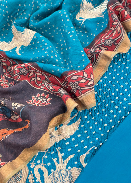 Azure Blue Flamingo Handloom Desi Tussar Bandhani Kurta And Authentic Hand-Painted Kalamkari Dupatta