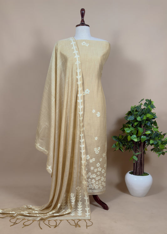 Beige Jamdani Weaved Unstitched Suit In Chanderi