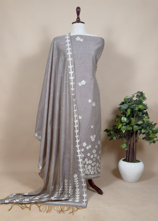 Chikoo Jamdani Weaved Unstitched Suit In Chanderi