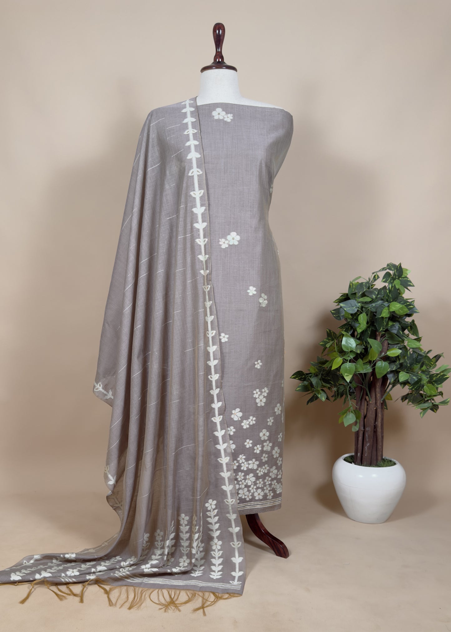 Purple Jamdani Weaved Unstitched Suit In Chanderi