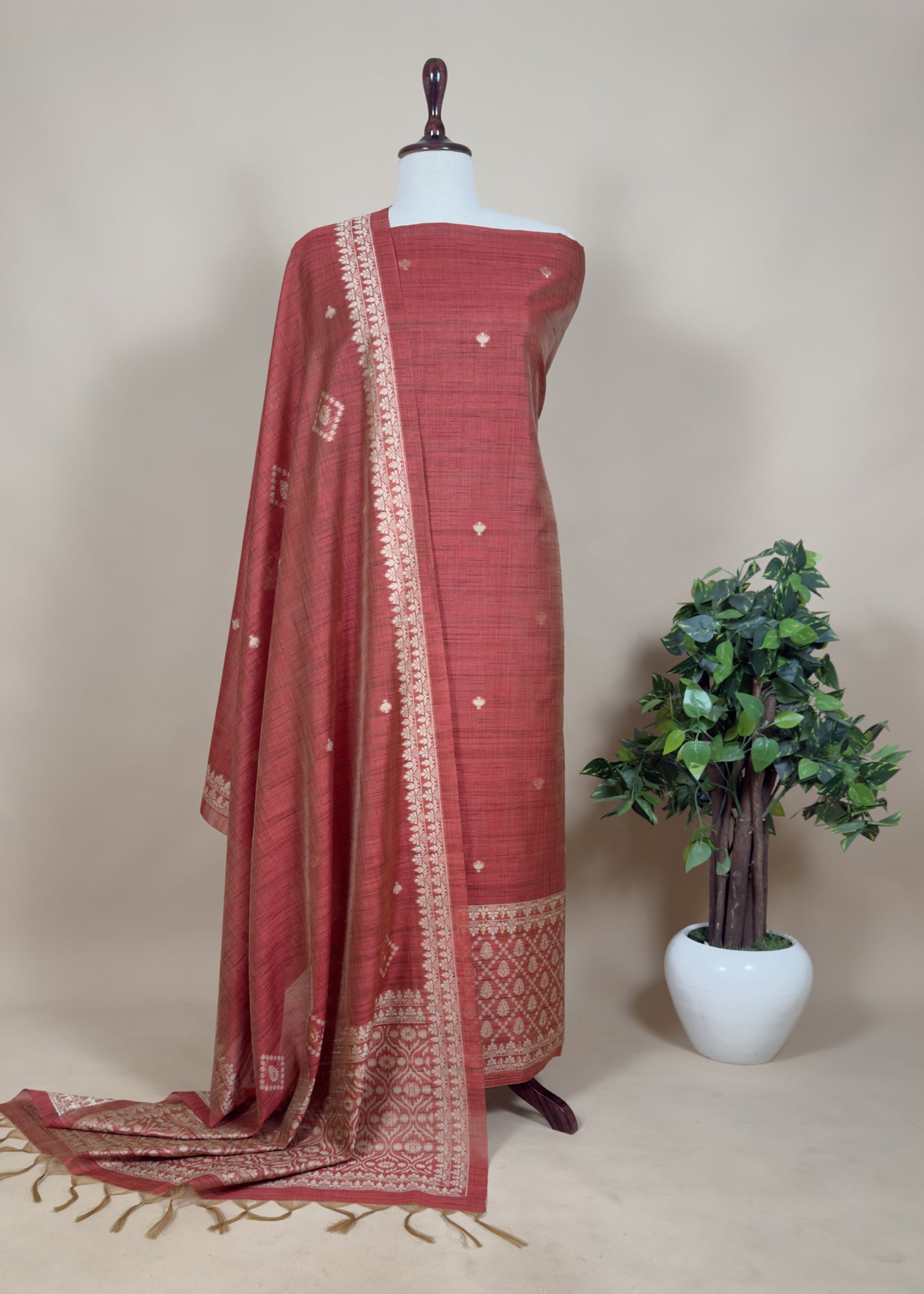 Brick Red Chanderi Unstitched Suit With Jamdani Weaving