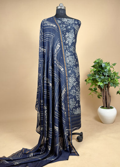 Blue Pure Maheshwari Suit With Kantha Work