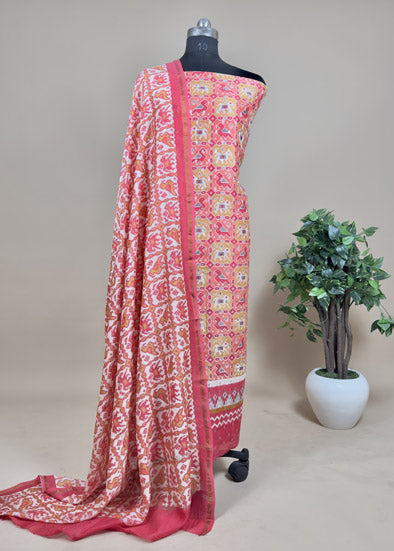 Gajari Maheshwari Silk Suit In Patola With Zari Weaving