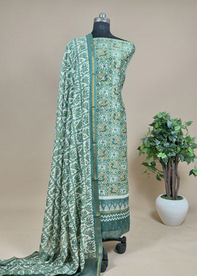 Green Maheshwari Silk Suit In Patola With Zari Weaving