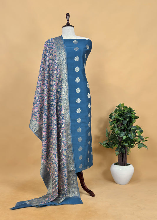 Blue Banarasi Suit With Kalamkari Dupatta