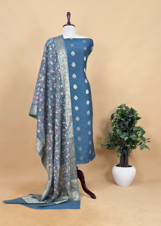 Blue Banarasi Suit With Kalamkari Dupatta