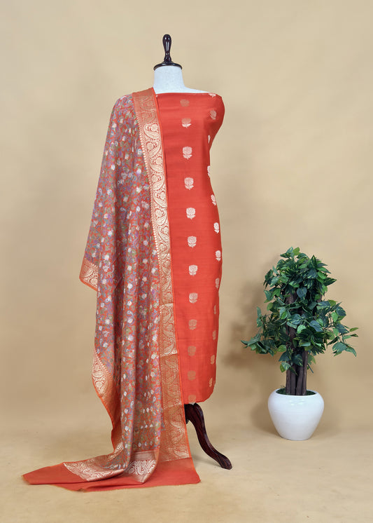 Orange Banarasi Suit With Kalamkari Dupatta