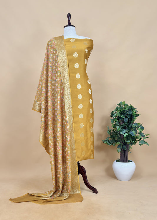 Mustard Banarasi Suit With Kalamkari Dupatta