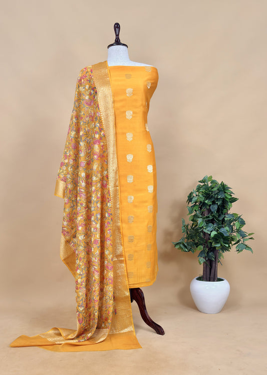 Yellow Banarasi Suit With Kalamkari Dupatta