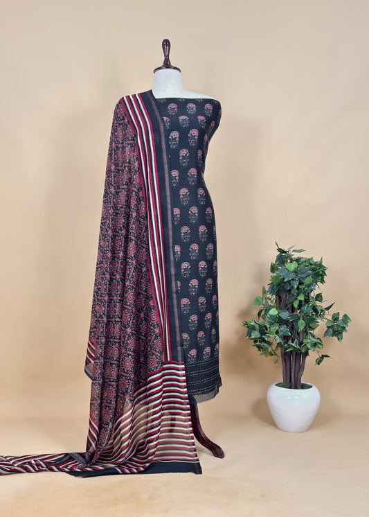 Black Ajrakh Kurta and Dupatta in Pure Maheshwari Silk Fabric