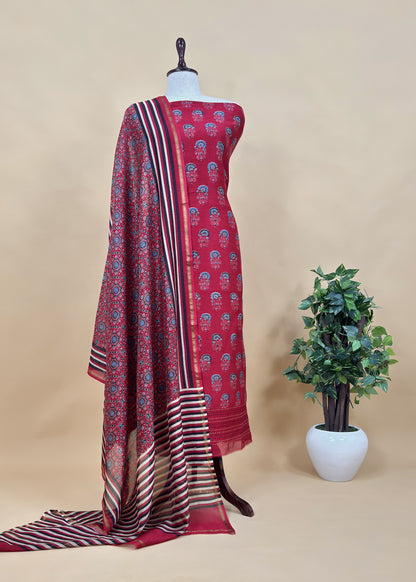 Red Ajrakh Kurta and Dupatta in Pure Maheshwari Silk Fabric