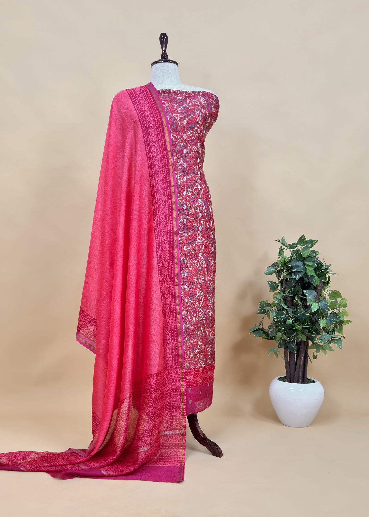 Pink Paisley Block Print Pure Maheshwari Silk Unstitched Suit With Banarasi Bootis