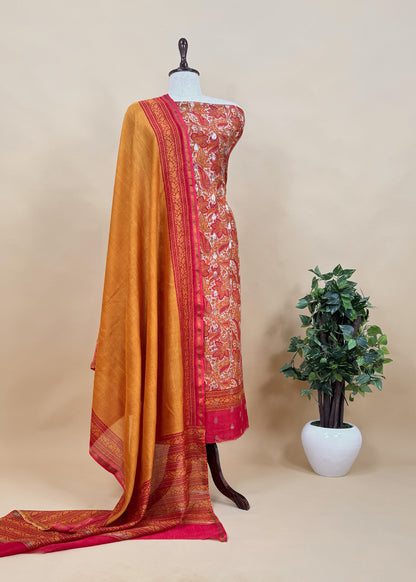Yellow Paisley Block Print Pure Maheshwari Silk Unstitched Suit With Banarasi Bootis