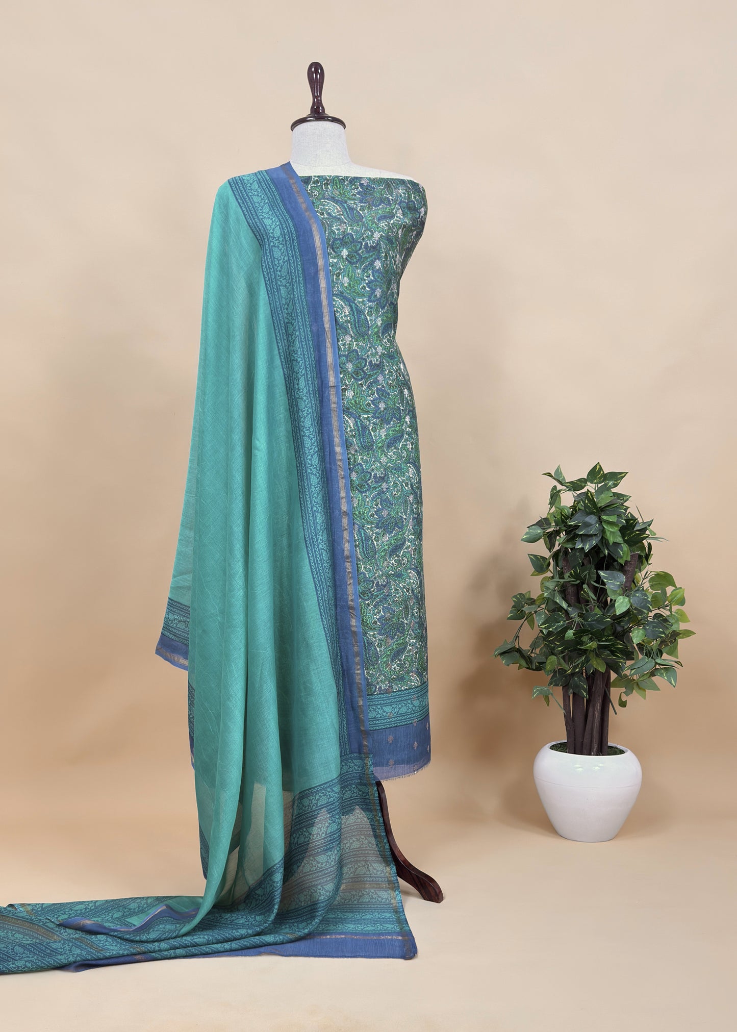 Pink Paisley Block Print Pure Maheshwari Silk Unstitched Suit With Banarasi Bootis