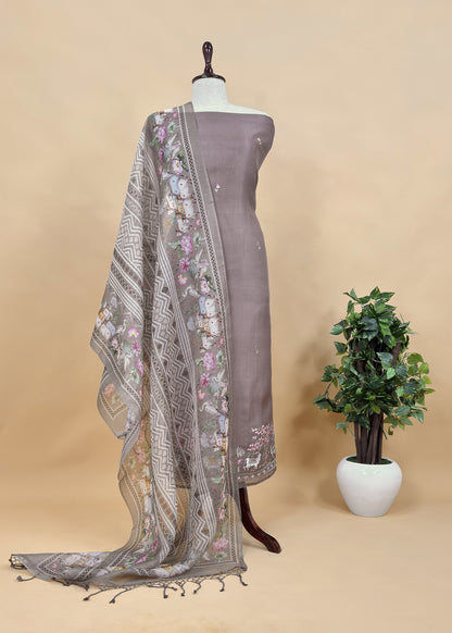 Heather Brown Handloom Kota Silk Suit Fabric with Pichwai Embroidery