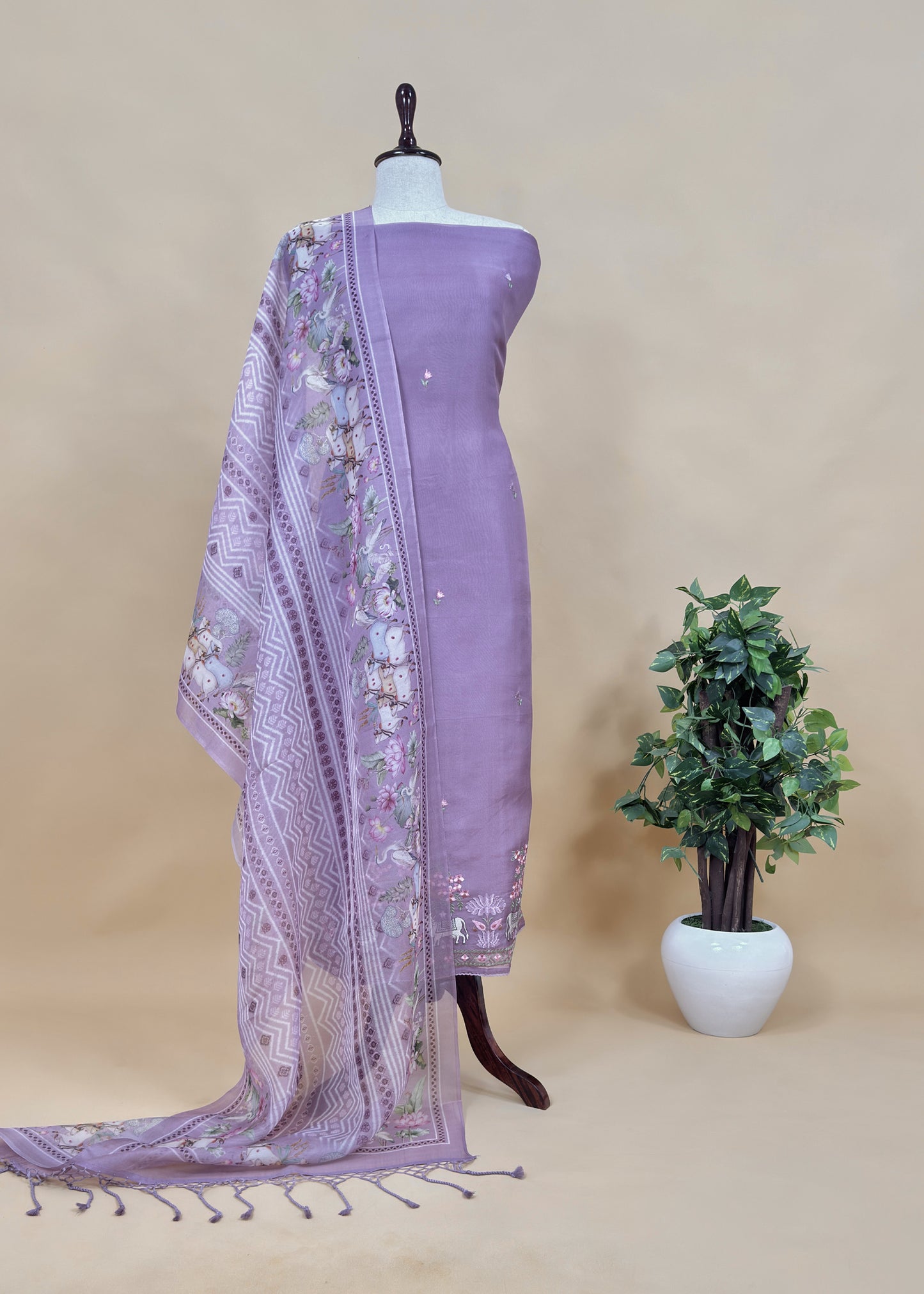Pink Handloom Kota Silk Suit Fabric with Pichwai Embroidery
