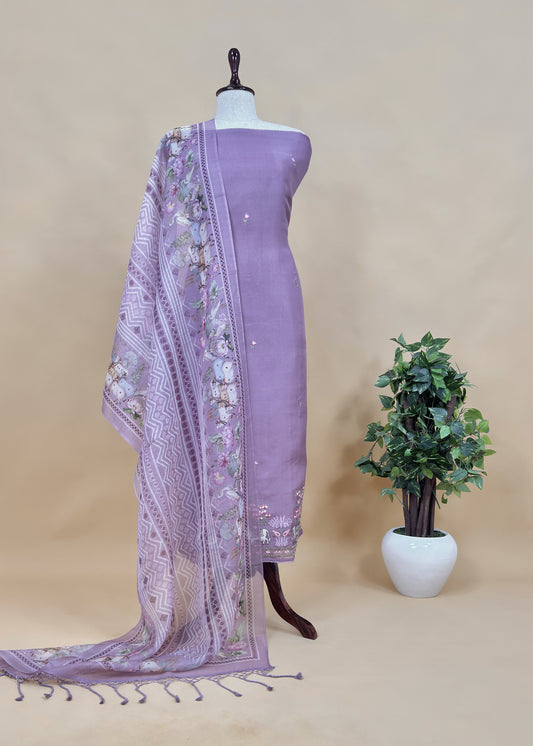 Purple Handloom Kota Silk Suit Fabric with Pichwai Embroidery