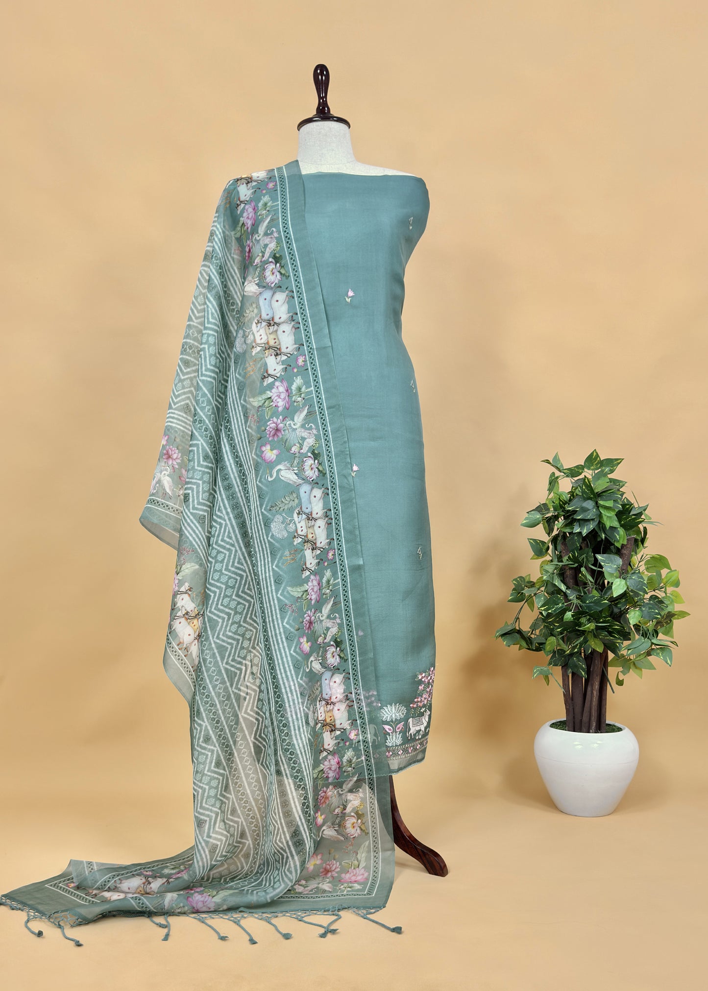 Pink Handloom Kota Silk Suit Fabric with Pichwai Embroidery