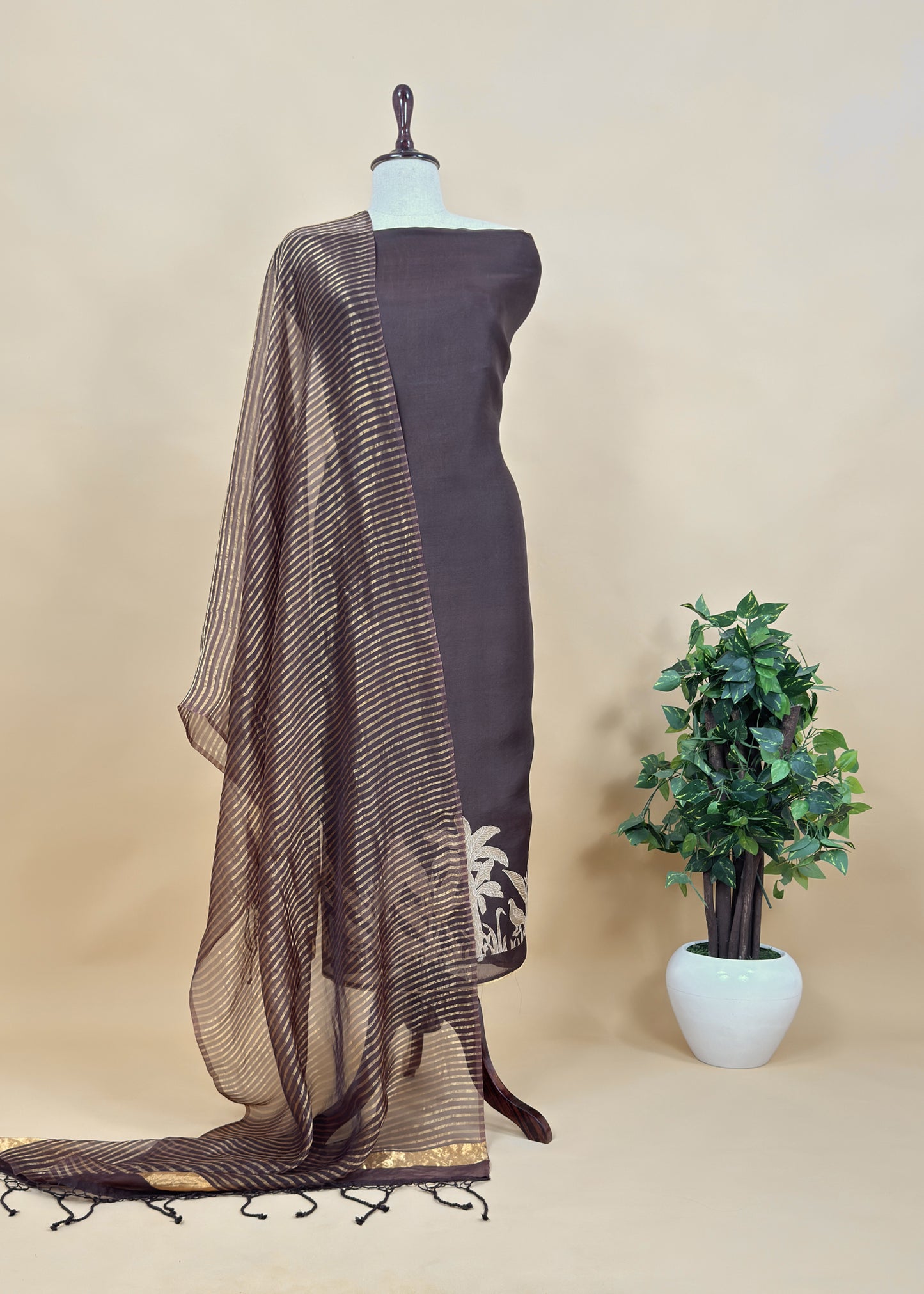 Chidiya Midnight Blue Handloom Kora Silk Suit With Gold Tissue Appliqué Work