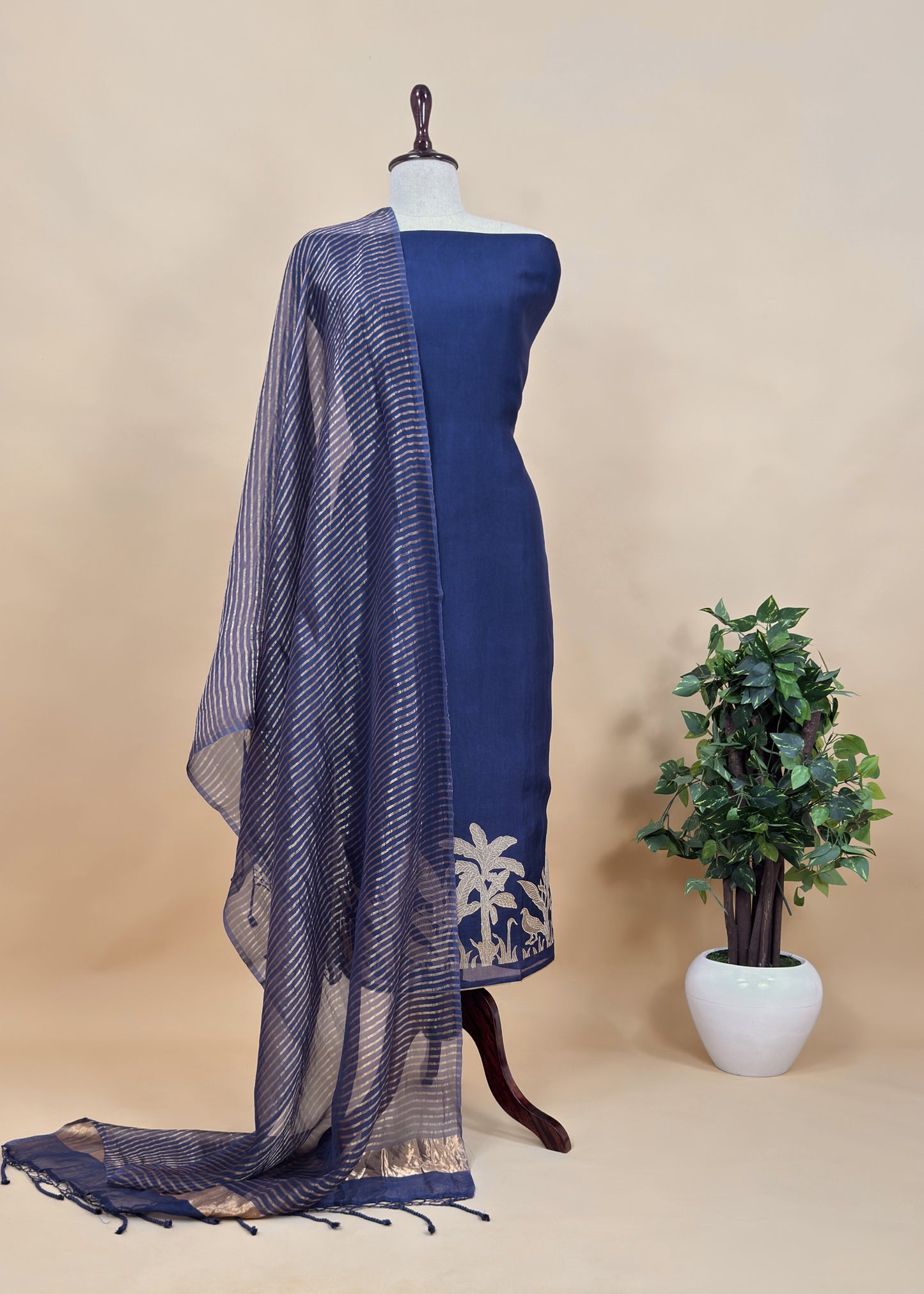 Chidiya Midnight Blue Handloom Kora Silk Suit With Gold Tissue Appliqué Work