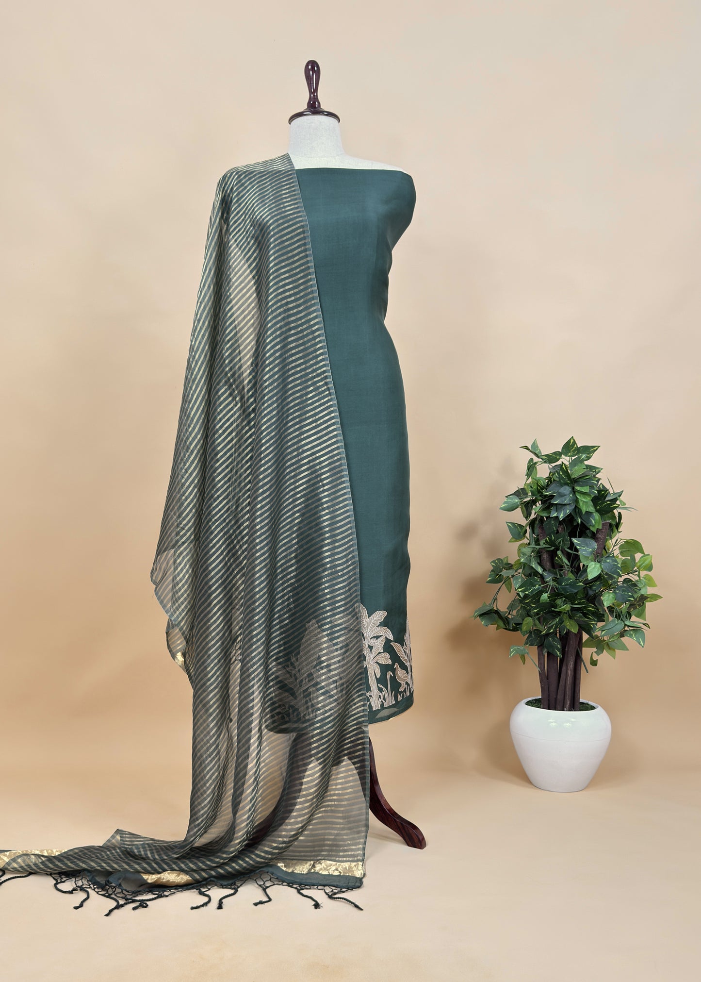 Chidiya Midnight Blue Handloom Kora Silk Suit With Gold Tissue Appliqué Work