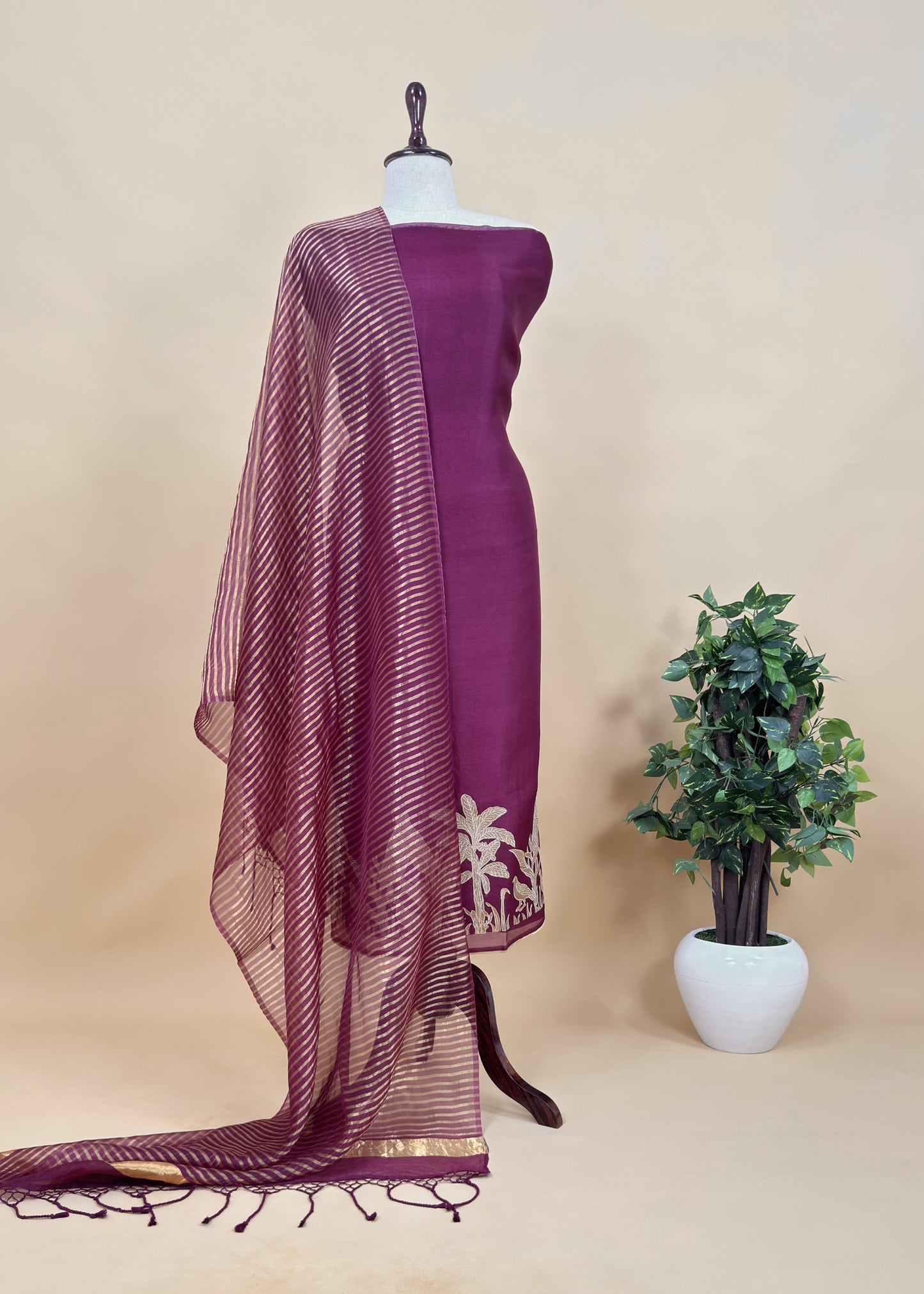 Chidiya Midnight Blue Handloom Kora Silk Suit With Gold Tissue Appliqué Work