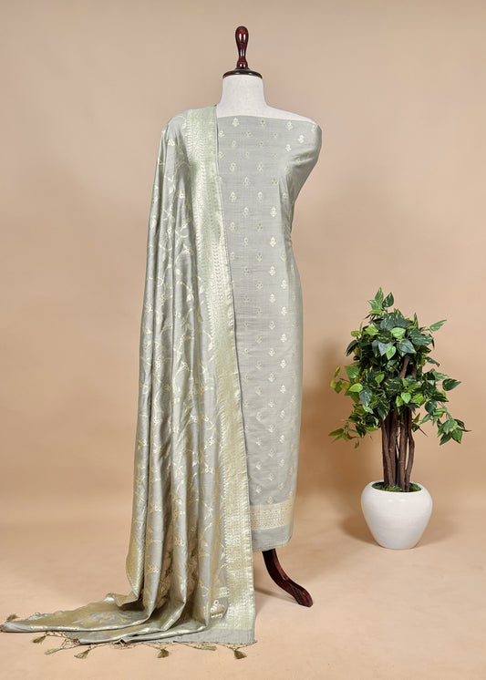 Frech Gray Banarasi Suit In Mulberry Silk With Jacuard Weaving