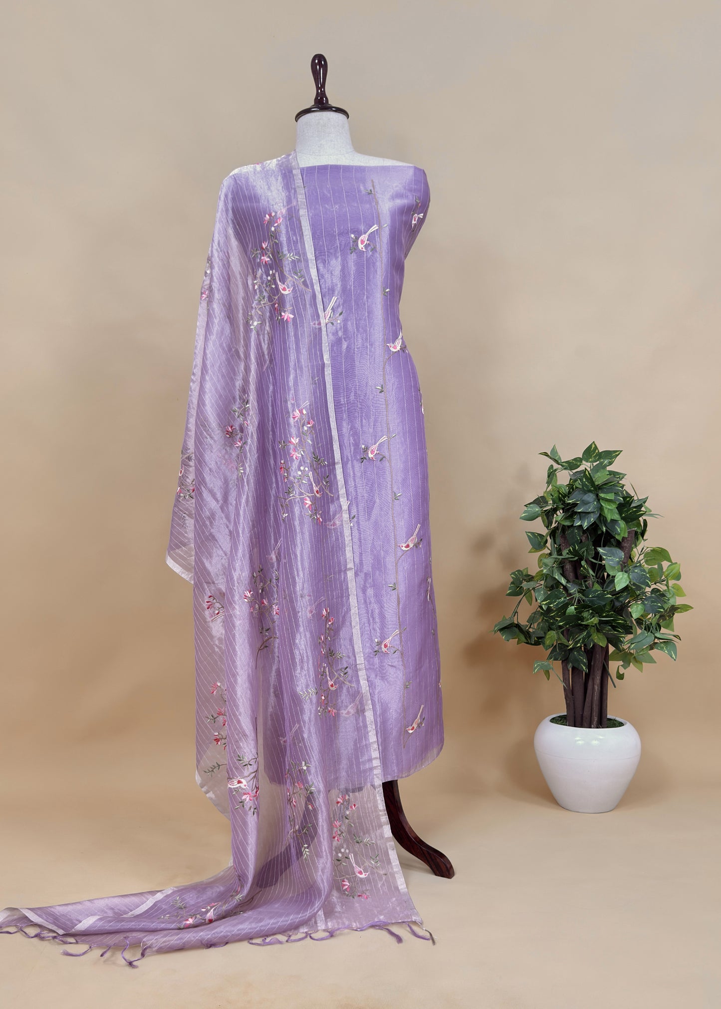 Purple Handloom Tissue Silk Suit With Chidiya Embroidery