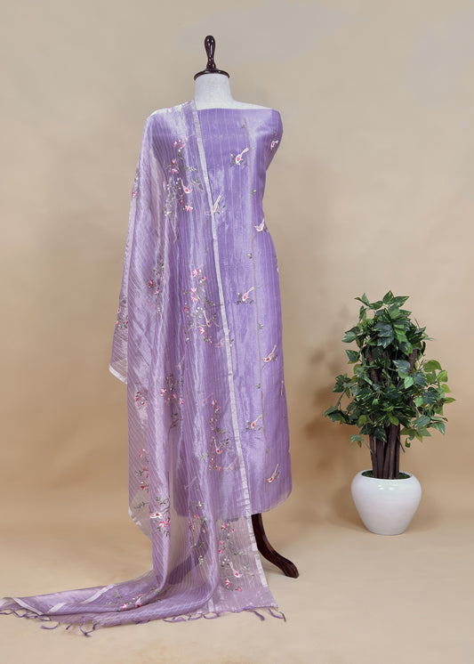 Purple Handloom Tissue Silk Suit With Chidiya Embroidery