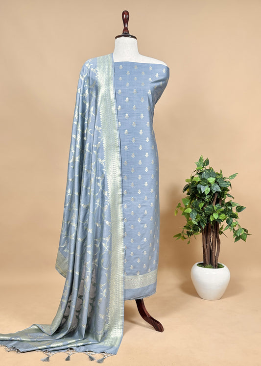 Steel Blue Banarasi Suit In Mulberry Silk With Jacuard Weaving