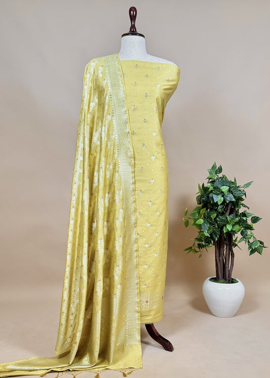 Yellow Banarasi Suit In Mulberry Silk With Jacuard Weaving