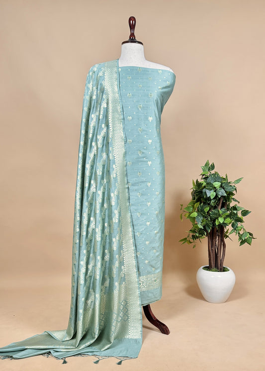 Green Banarasi Suit In Mulberry Silk With Jacuard Weaving